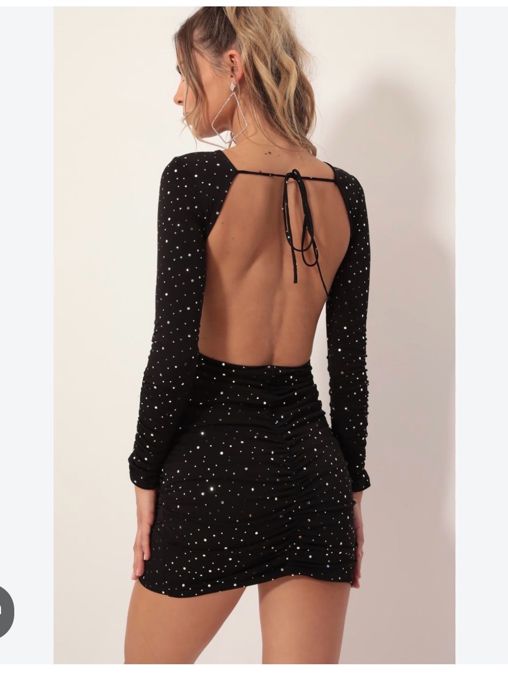 Lucy in the Sky Black Long-Sleeve Ruched Mini Dress with Sparkle Detail
